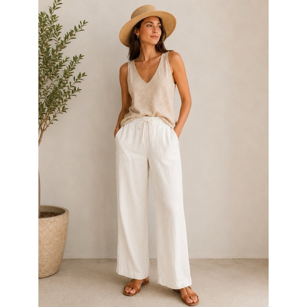 GAP Lined 100% Linen Wide Leg Drawstring Pants Size 12 White Summer Effortless